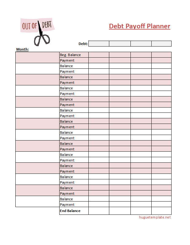 Printable debt payoff planner worksheet template for tracking and managing debt repayment.