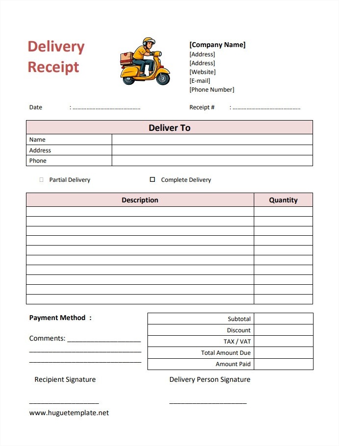 Sample Printable Blank Delivery Receipt Template