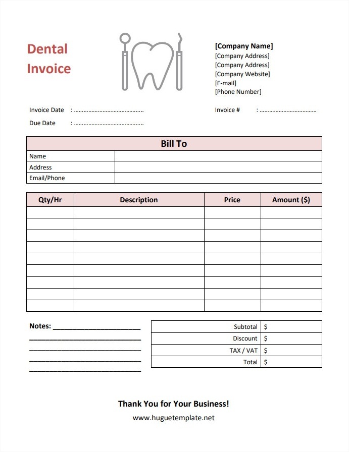 Printable Dental Invoice Template