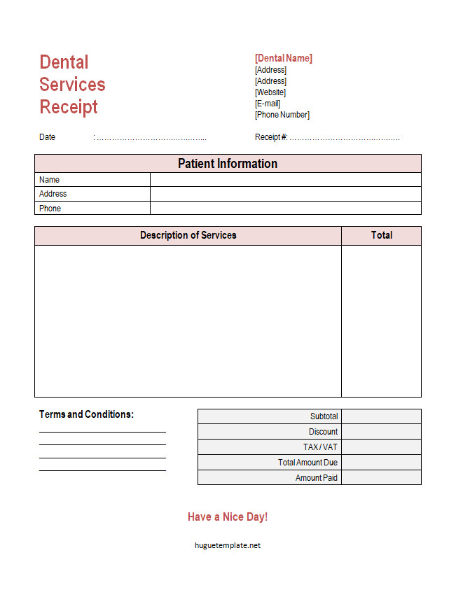 Professional dental receipt template featuring sections for patient details, procedure descriptions, service dates, and total payment received.