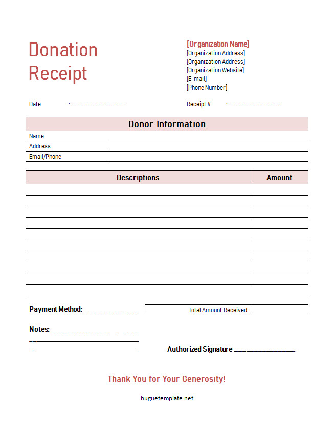 Simple donation receipt template with a clean and organized layout, featuring fields for donor information, donation amount, and date.