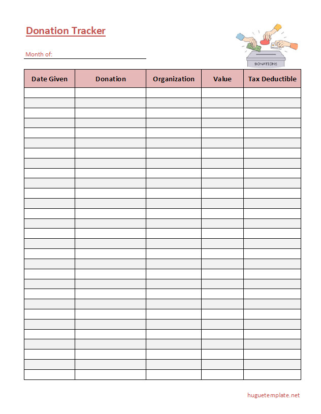 Printable donation tracker template for recording and organizing charitable contributions.