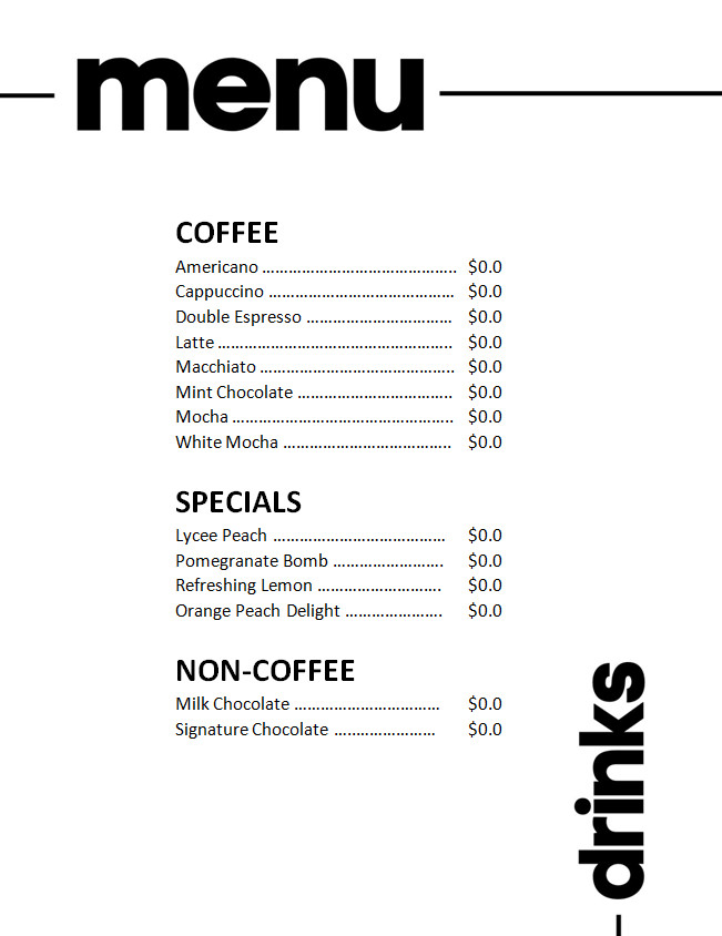 Elegant drink menu template with customizable text fields for menu items and prices.