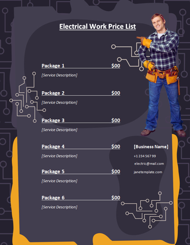 Professional electrical price list template with sections for services and price, perfect for electricians and contractors.