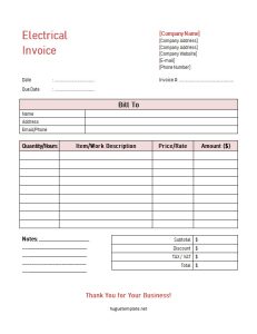 Printable Electrical Work Invoice Template (Word)