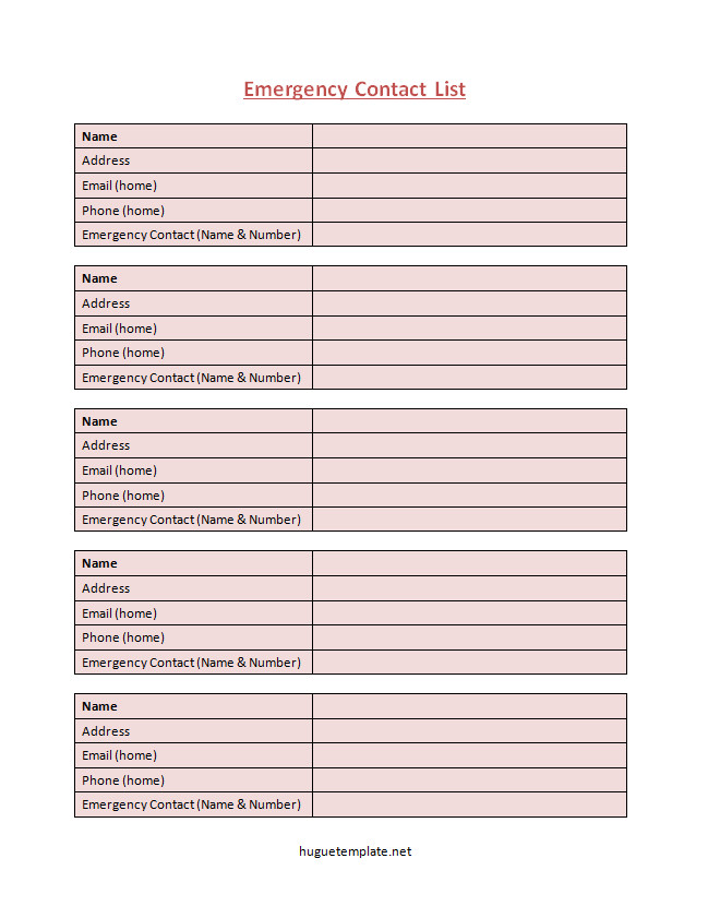 Organized emergency contact list template with fields for names, phone numbers, relationships, and additional notes for quick reference during emergencies.