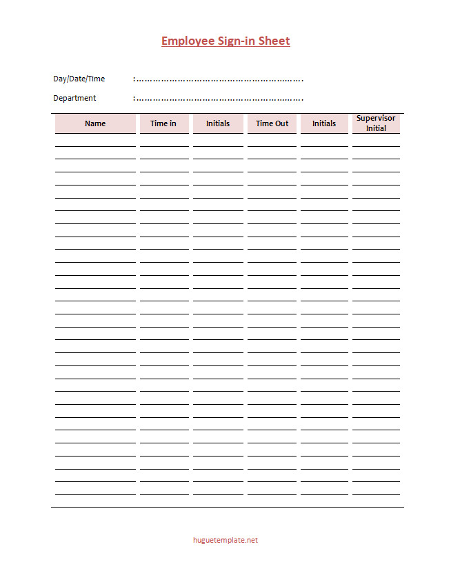 Simple and professional employee sign-in sheet template showcasing sections for date, department, name, time-in, initials, and time-out.