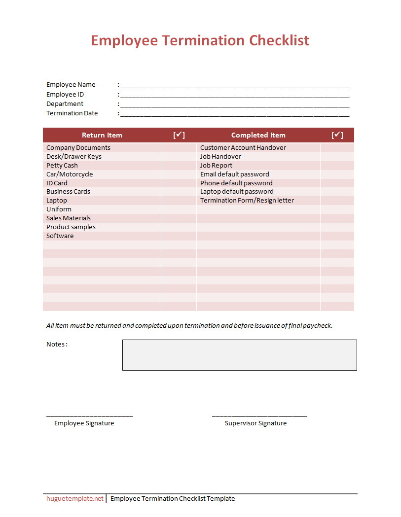 Detailed employee termination checklist template outlining final tasks, return of company property, and exit interview.