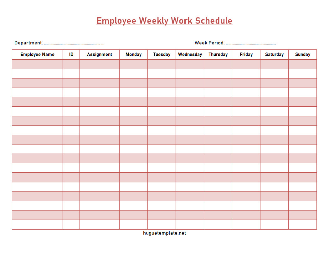 Modern employee weekly work schedule template with a professional design, showcasing sections for each day and employee assignments.