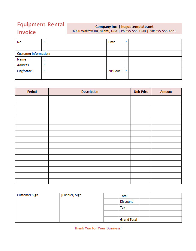 Example of a professional equipment rental invoice template with itemized sections for equipment details, rental duration, and pricing.