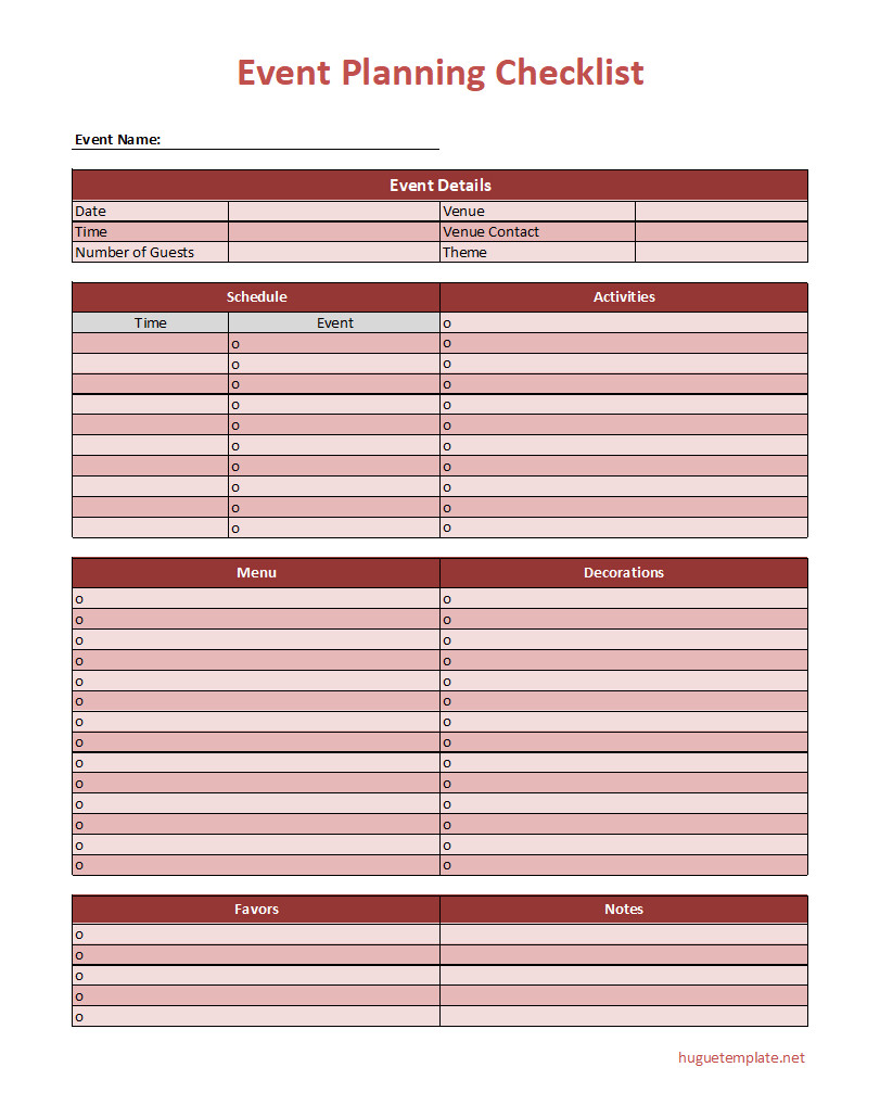 Comprehensive event planning checklist template with task categories like venue, catering, and invitations