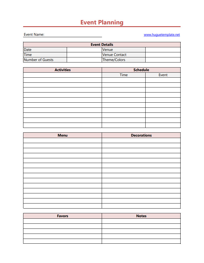 Event planning template featuring sections for task lists, schedules, and budget tracking.