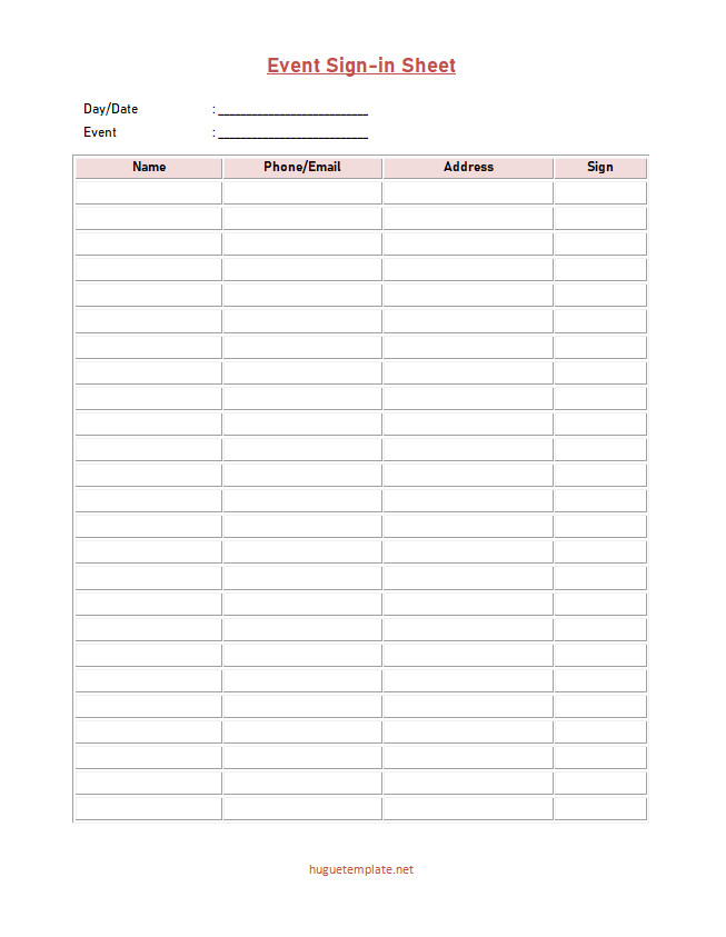 Simple event sign-in sheet template featuring a clean layout with columns for attendee names, contact information, arrival times, and signatures.