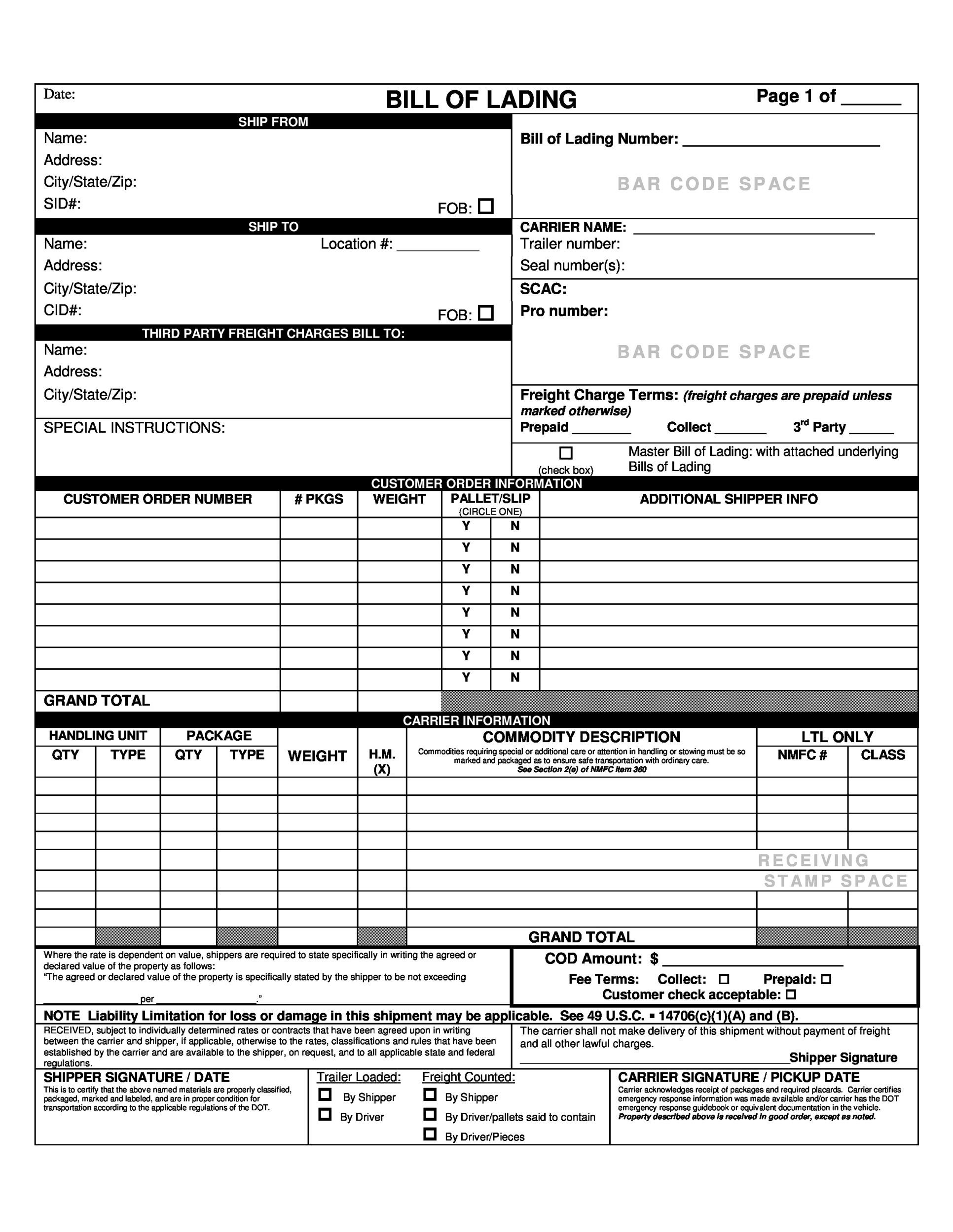 Example of Bill of Lading Form