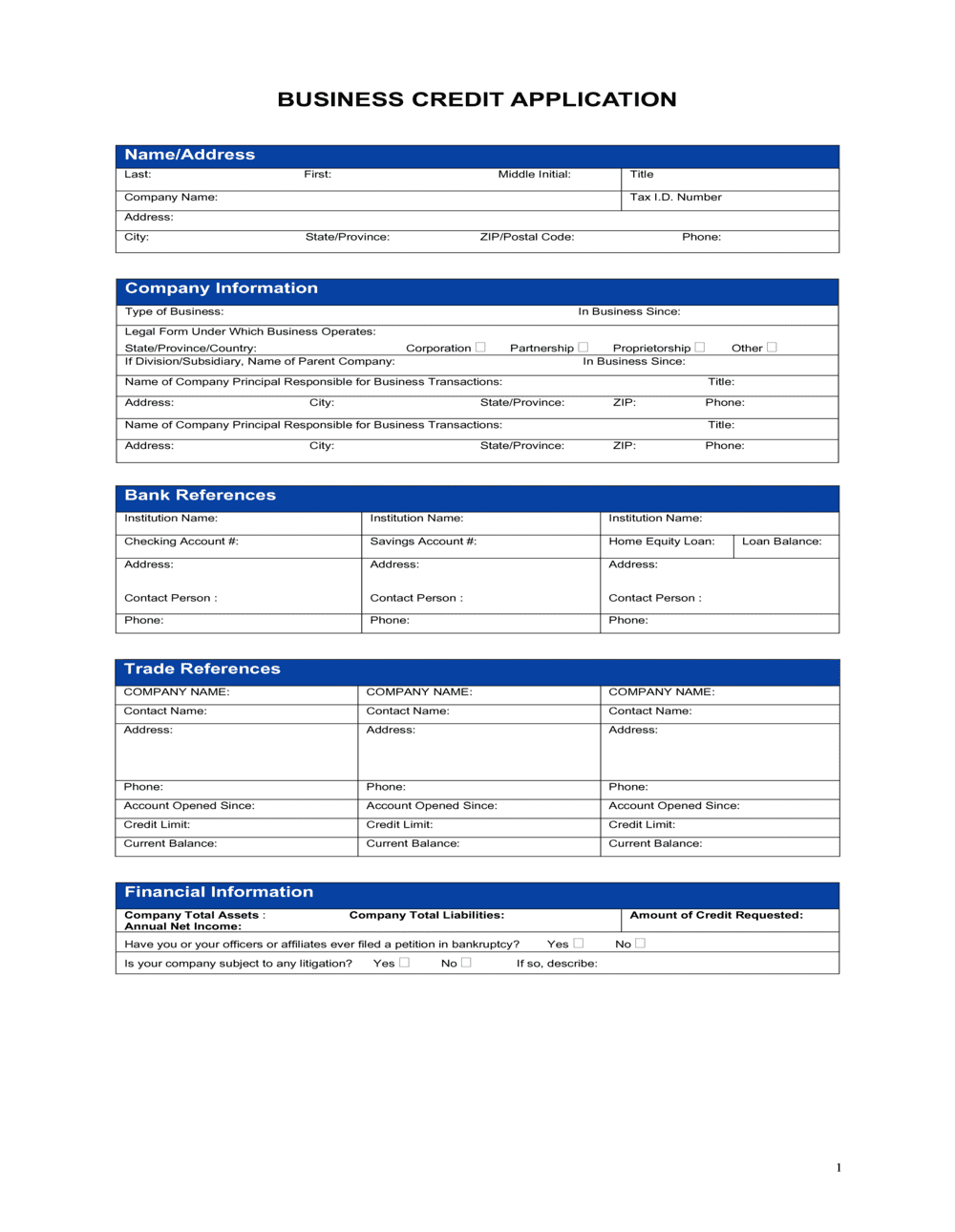 Example of Commercial Credit Application Form