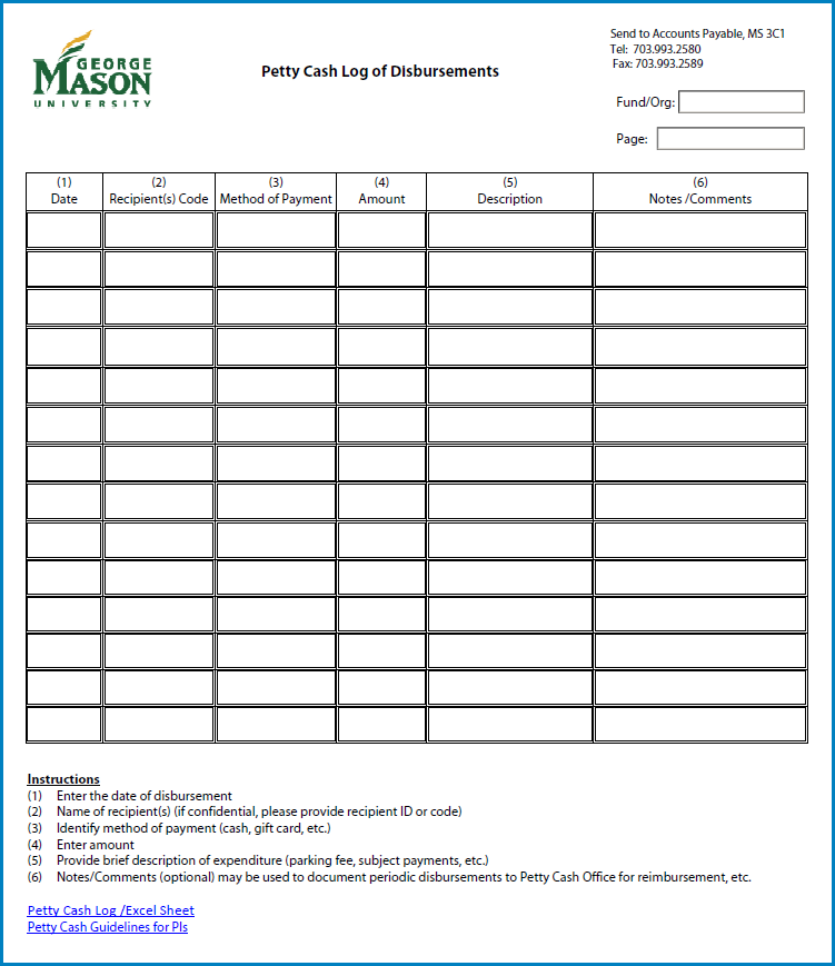 Example of Petty Cash Log Template