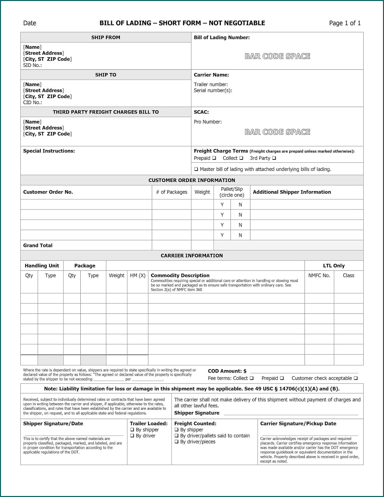 Example of Straight Bill Of Lading Template