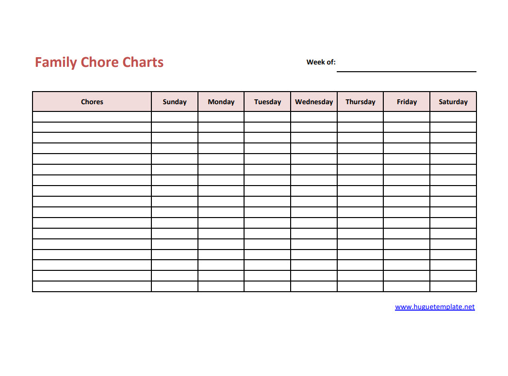 Professional chore chart template with sections for listing chores, assigning responsibilities, and tracking progress within the family.