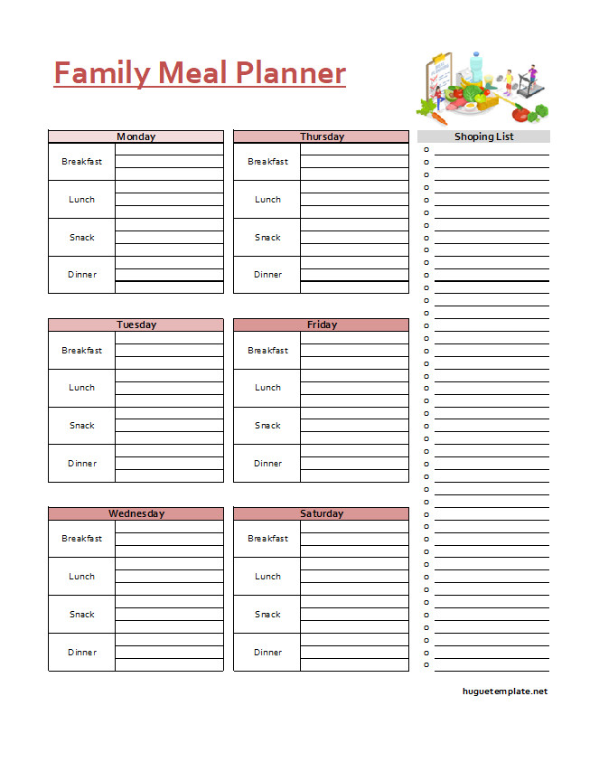 family meal planner template with sections for breakfast, lunch, and dinner for each day of the week.