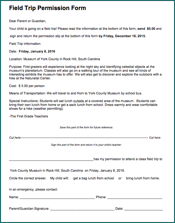 Field Trip Permission Form Example