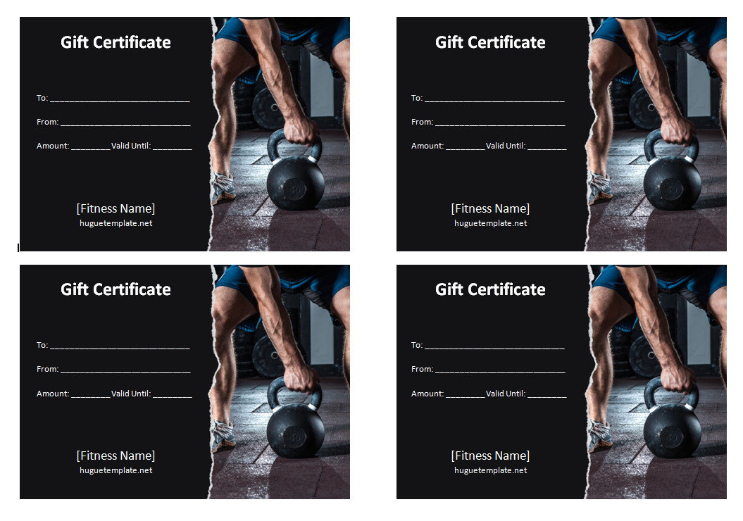 Printable fitness gift certificate template featuring a gym image and space for recipient's name and gift details.