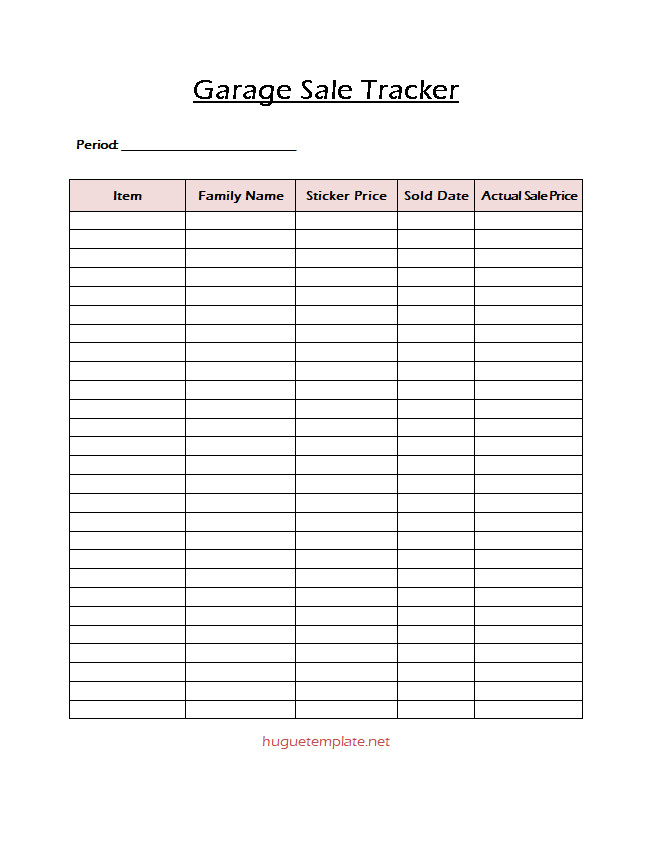 Editable garage sale tracker template with sections for listing items, pricing, and tracking sales progress.