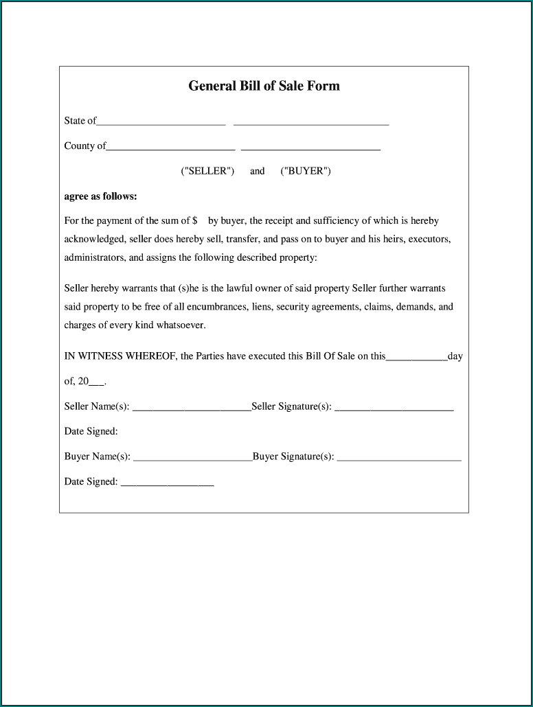 General Bill Of Sale Template Example