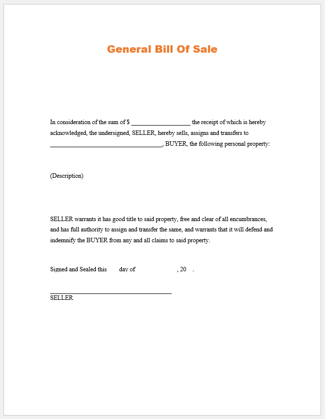 General Bill Of Sale Template