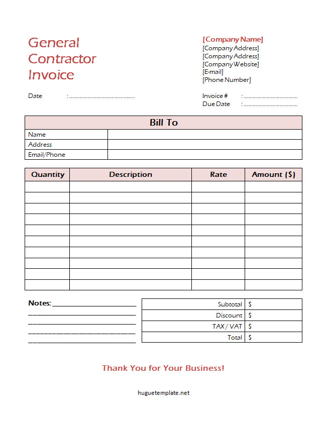 Professional general contractor invoice template with sections for contractor information, client details, itemized expenses, project details, and total charges.