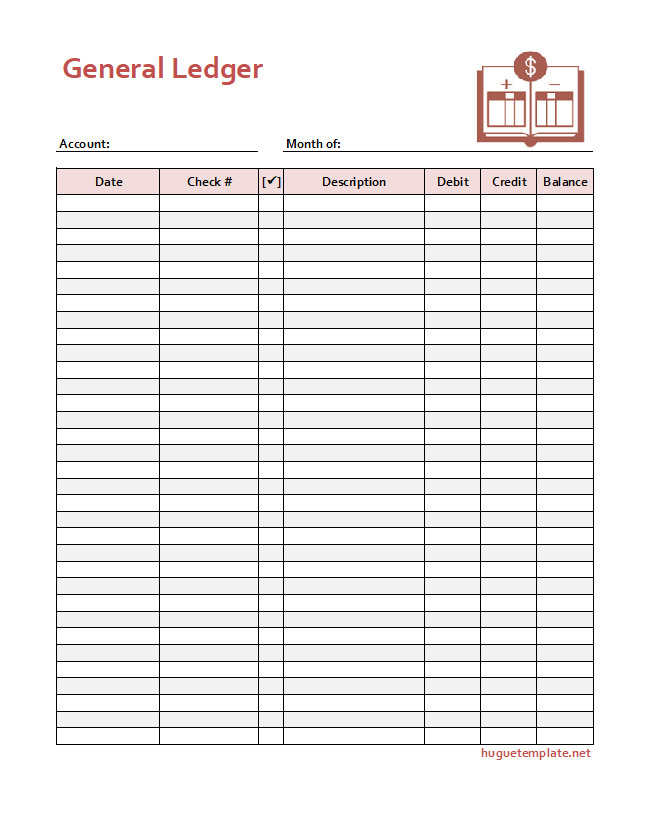 Blank general ledger template showing sections for recording financial transactions and account balances