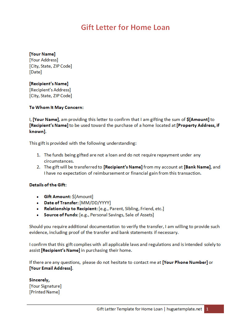 Formal gift letter template for home loans, including sections for donor information and gift details.