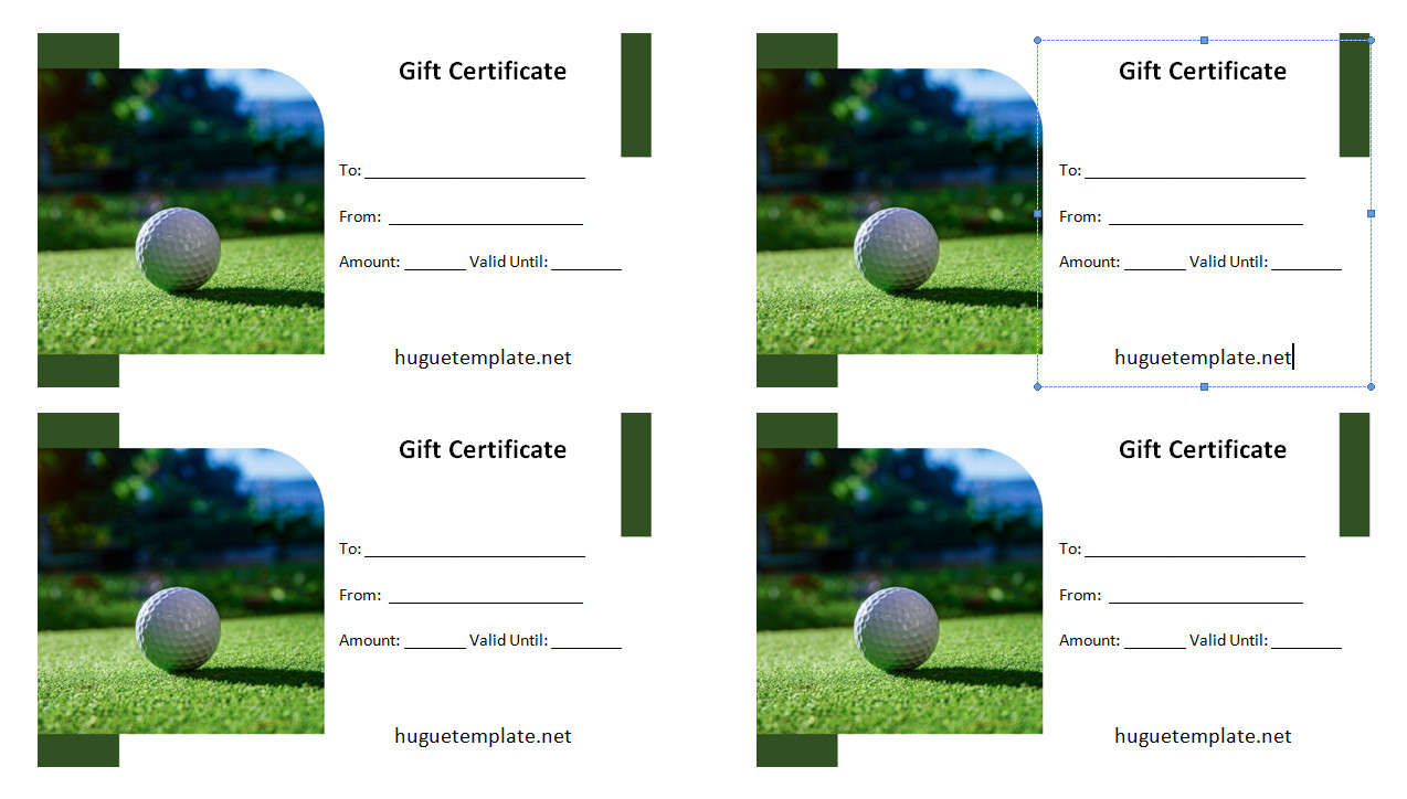 Printable golf gift certificate template with a golf course background, customizable fields for recipient's name and gift details.