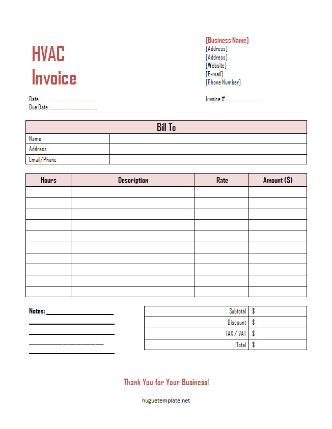 Professional HVAC Invoice Template with itemized list of services, parts, and labor costs.