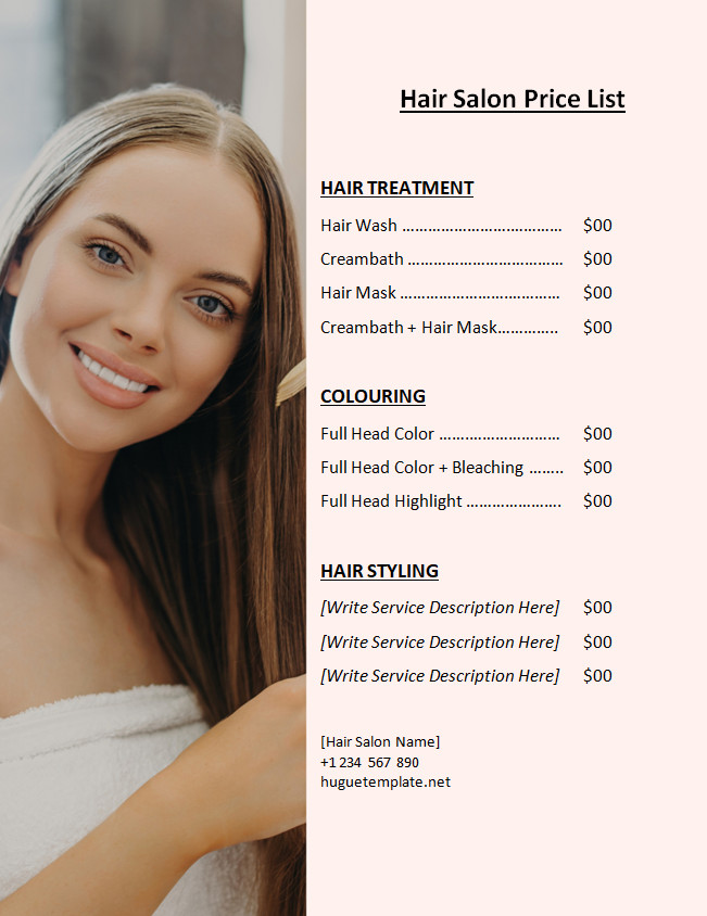 Customizable hair salon price list template with stylish graphics, service descriptions, and detailed pricing.