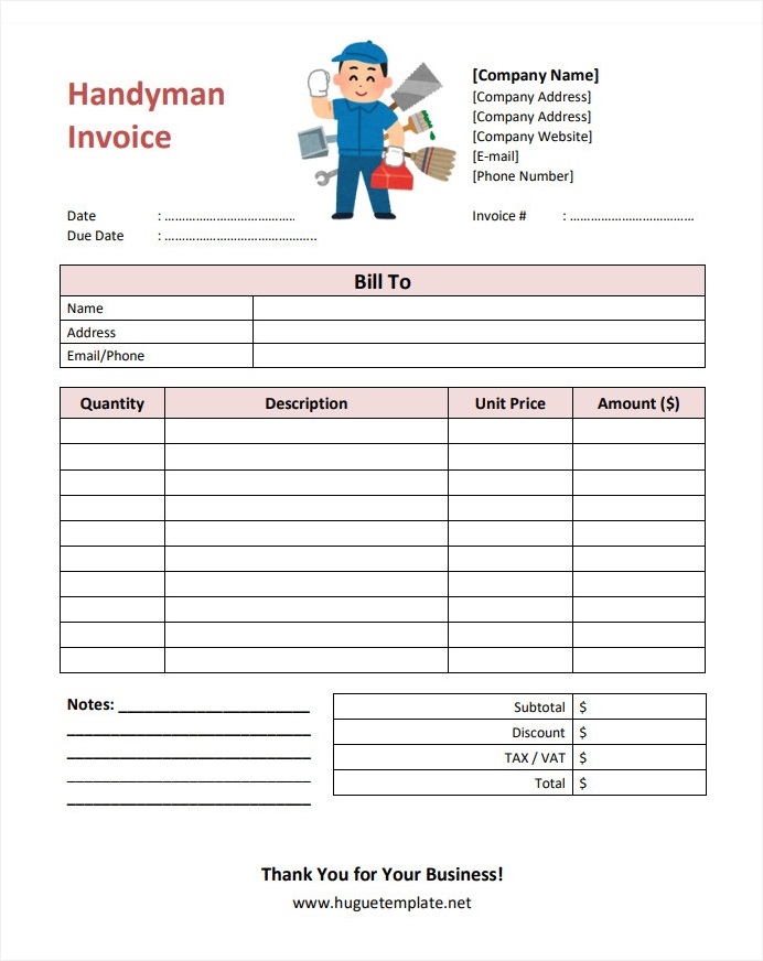 Sample Printable Blank Handyman Invoice Template in Word and PDF Format.