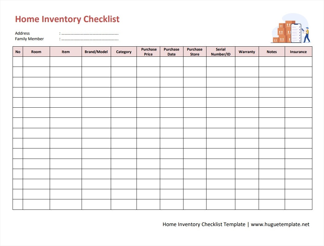 Sample Printable Blank Home Inventory Checklist Template