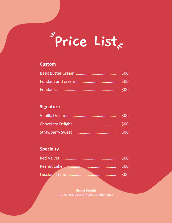 Customizable homemade cake price list template with pricing details.