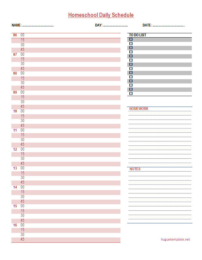 Organized homeschool daily schedule template with fields for lesson plans, to-do list, and notes.