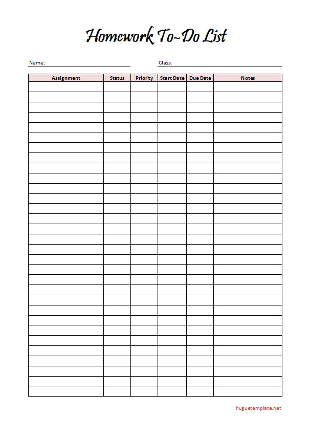 Blank homework to-do list template featuring fields for task names, priorities, and completion status.