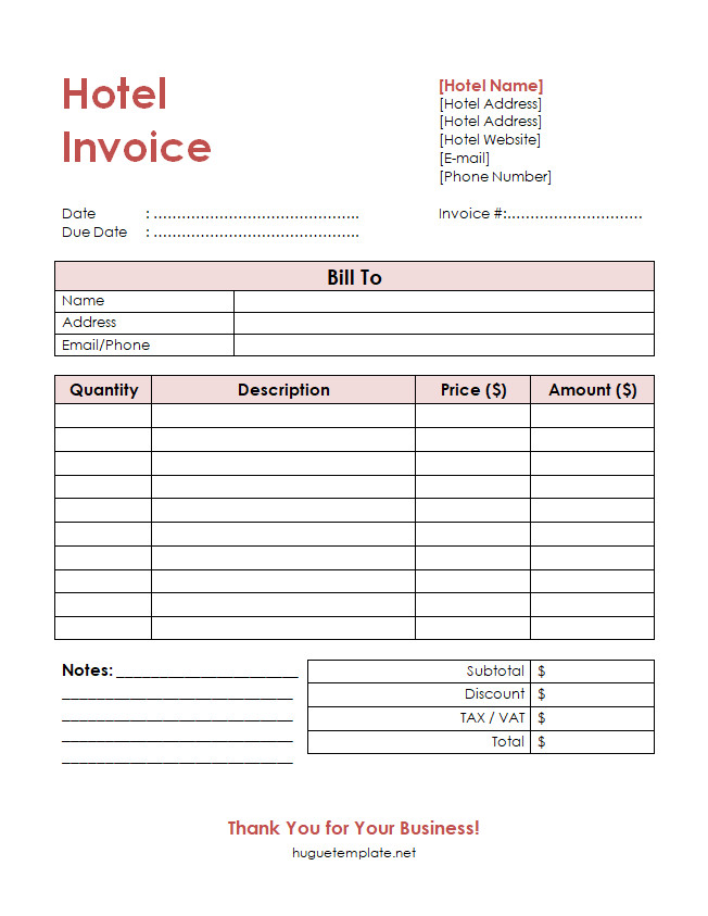 Printable hotel invoice template featuring fields for room charges, additional services, taxes, and total amount due.