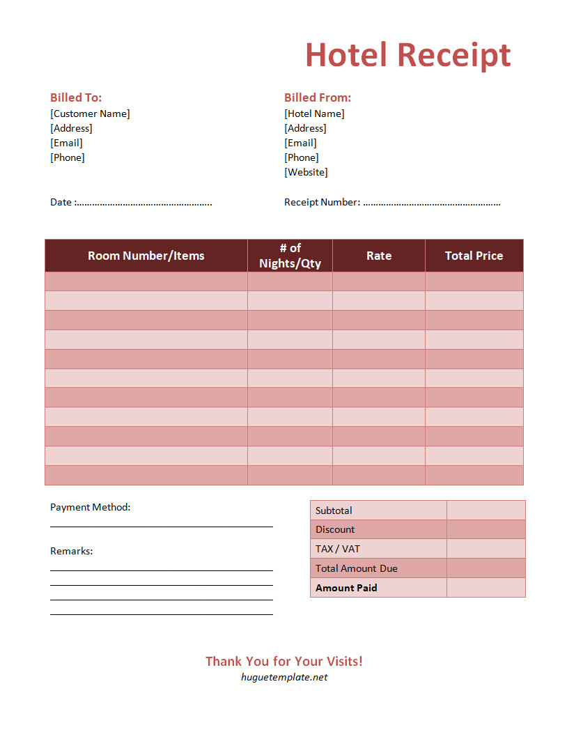 Professional hotel receipt template featuring sections for guest details, stay dates, room charges, taxes, and total amount paid.