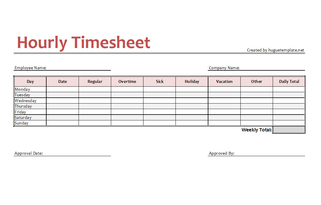 Hourly timesheet template with columns for employee name, work hours, and total hours for each day.