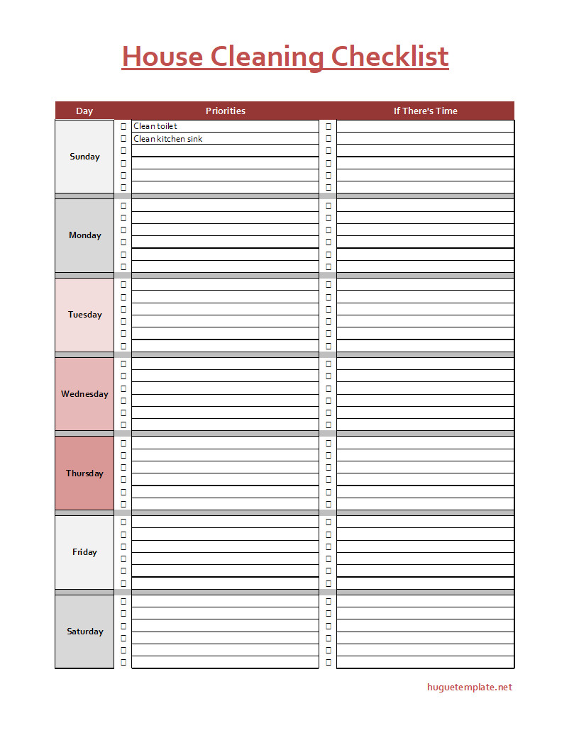 Blank house cleaning checklist template featuring fields for itemized cleaning duties and completion checkboxes.