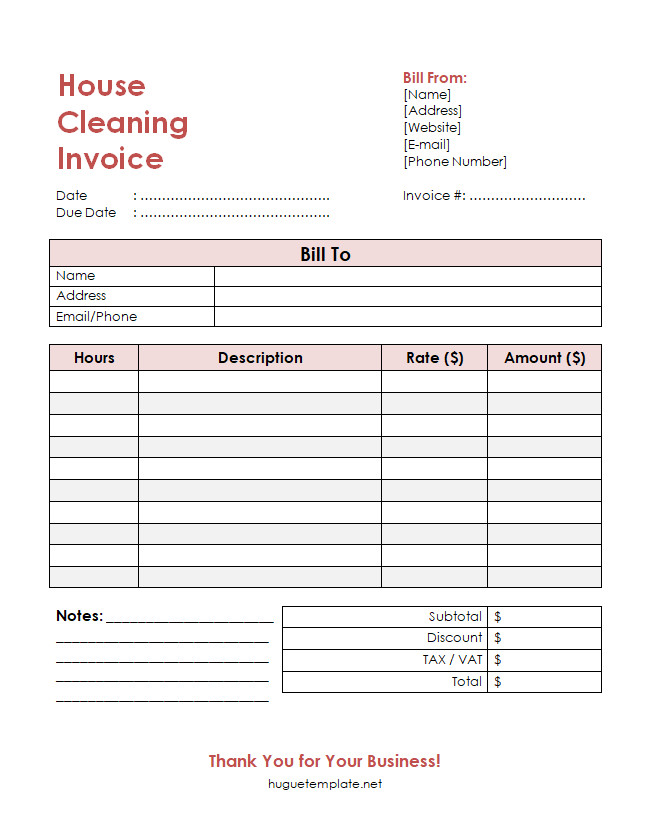 House cleaning invoice template with sections for service details, hourly rates, and total charges.