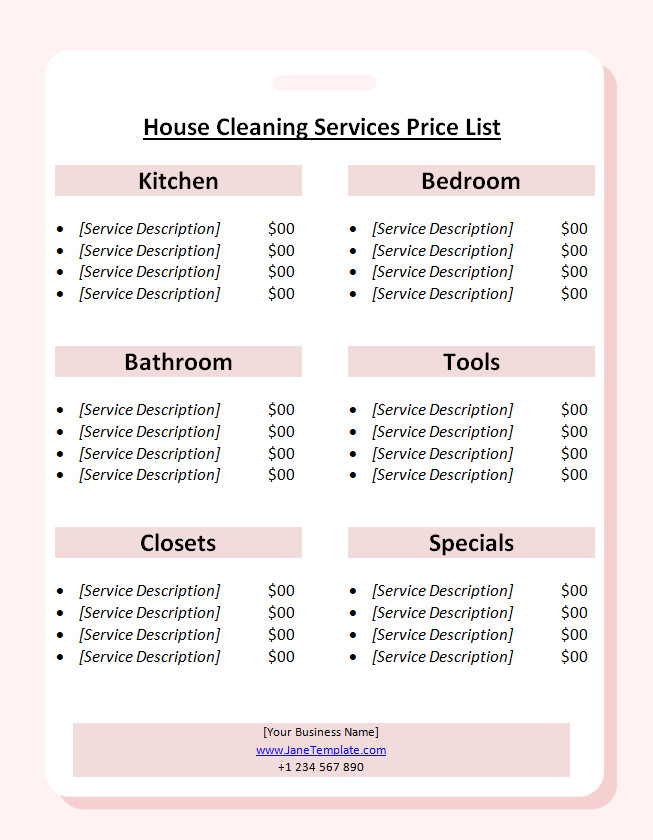 Customizable house cleaning services price list template with clear pricing details, descriptions of cleaning services offered, and options for customization.