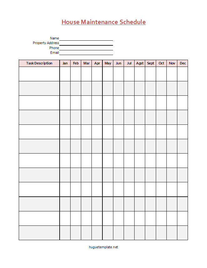 Printable house maintenance schedule template featuring sections for routine inspections, repairs, and cleaning tasks.