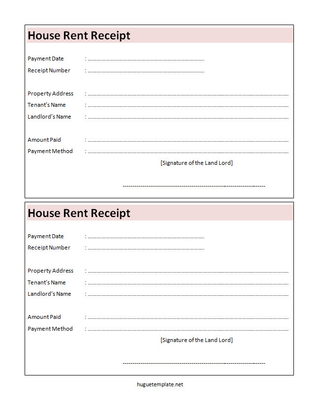 Detailed house rent receipt template with tenant and landlord information and payment details.