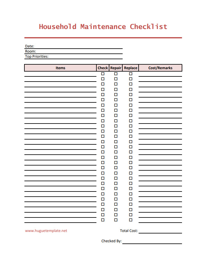 Professional maintenance checklist template with clear fields for recording tasks, due dates, and completion status.