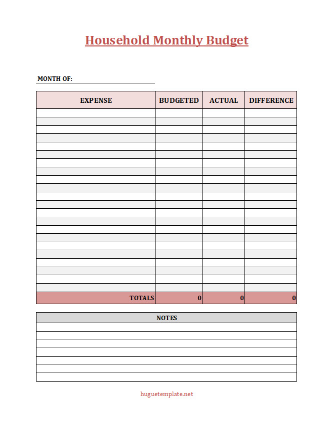 Printable household monthly budget template featuring categorized expense fields