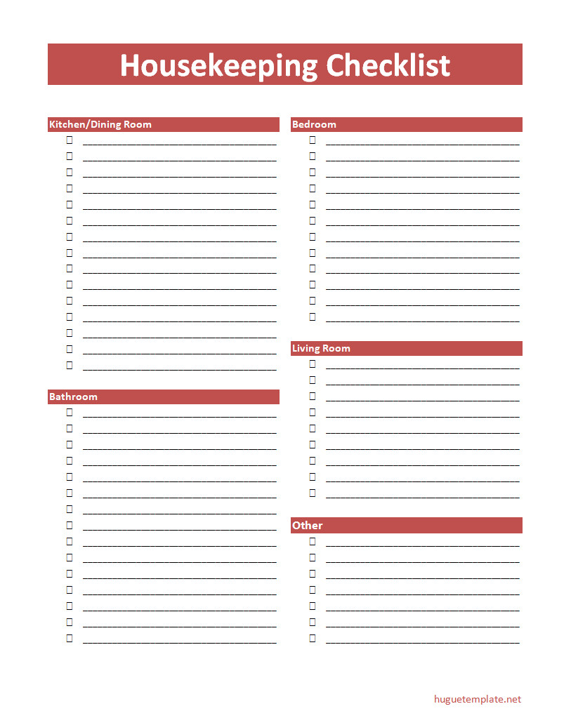 Comprehensive housekeeping checklist template with tasks organized by room